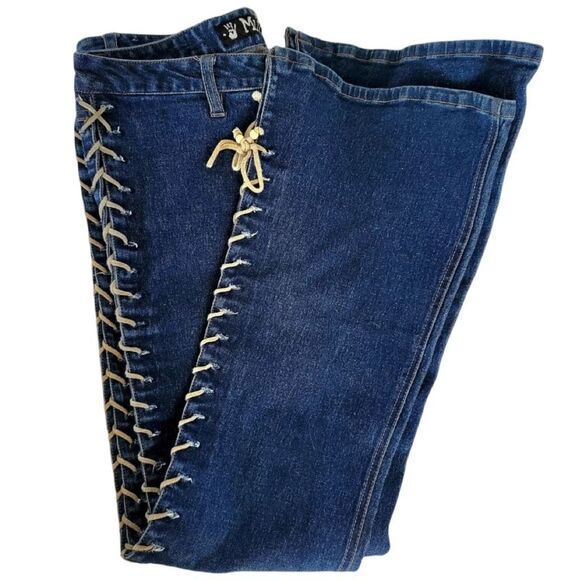NEW MUDD YO VTG Y2K 90's Lace Up Flare Dark Denim Jeans Boho Pants Size 7 - Picture 1 of 14